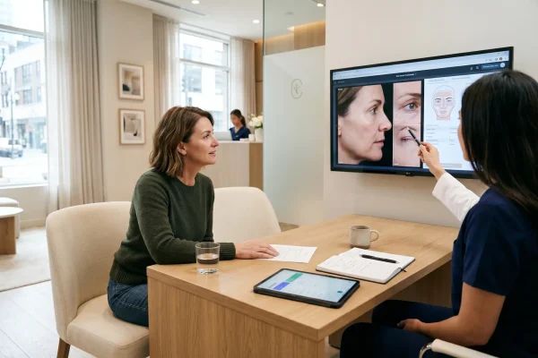 Surgeon discussing jowl treatment plan with patient