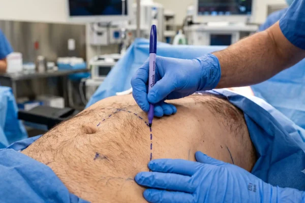 Surgeon marking abdomen before body contouring liposuction procedure