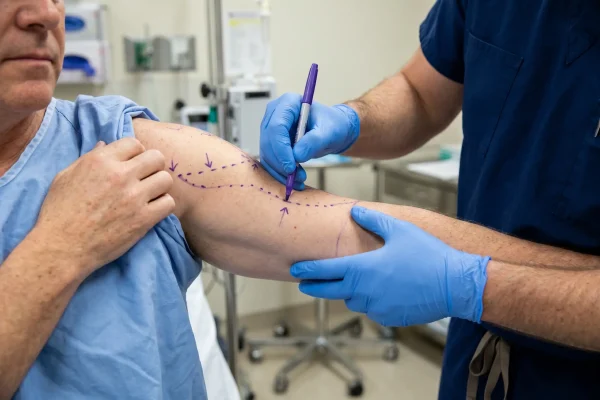 Surgeon marking an upper arm before arm liposuction for lasting results