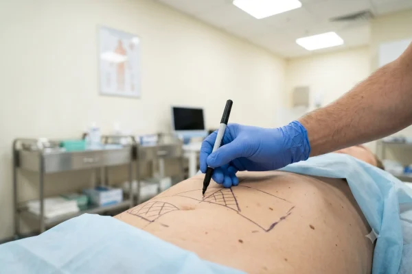 Surgeon marking liposuction treatment areas during a Tampa consultation
