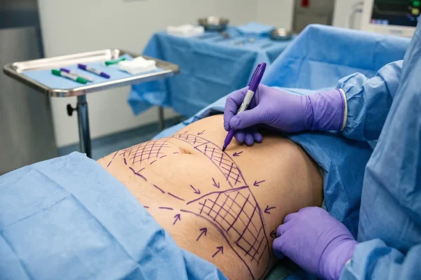 Surgeon marking the abdomen before targeted liposuction fat removal