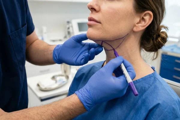 Surgeon marking the under-chin area before a neck liposuction procedure