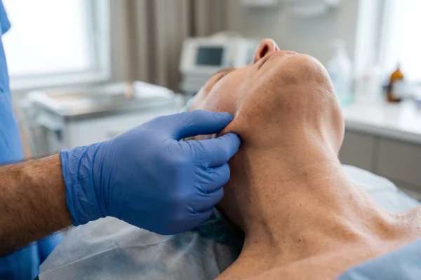 Surgeon performing a skin elasticity pinch test before neck liposuction