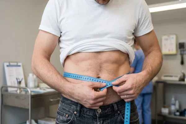 Patient measuring waist during tesamorelin metabolism and visceral fat protocol