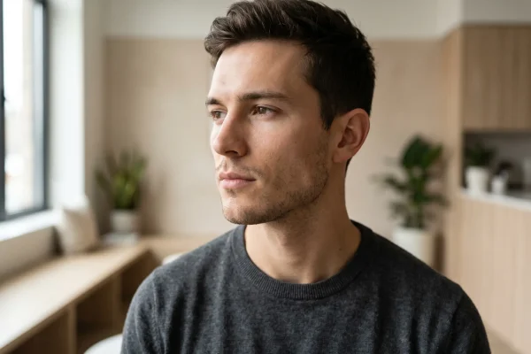 The chiseled jawline and enhanced facial structure of a man post-procedure