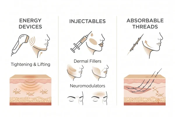 Three categories of non-invasive facial contouring: energy devices, injectables, and threads