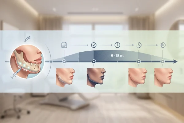Timeline infographic of how long jawline filler lasts, 9 to 18 months