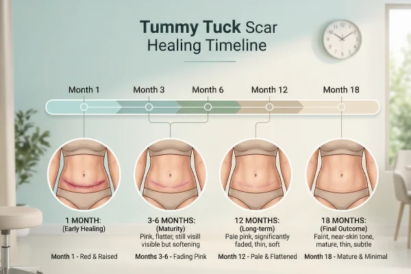 Timeline showing when a tummy tuck scar fades from red to pale