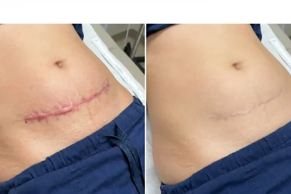 Tummy tuck scar fading from fresh and red to flat and faded over a year