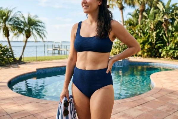 Tummy tuck scar hidden under swimwear on a flat lower abdomen