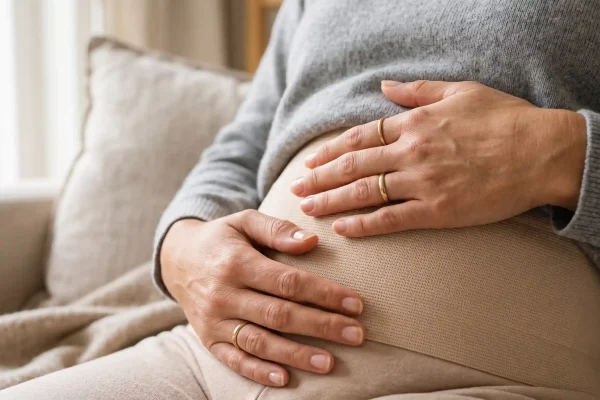 Close-up of hands over the abdomen showing tummy tuck tightness and soreness