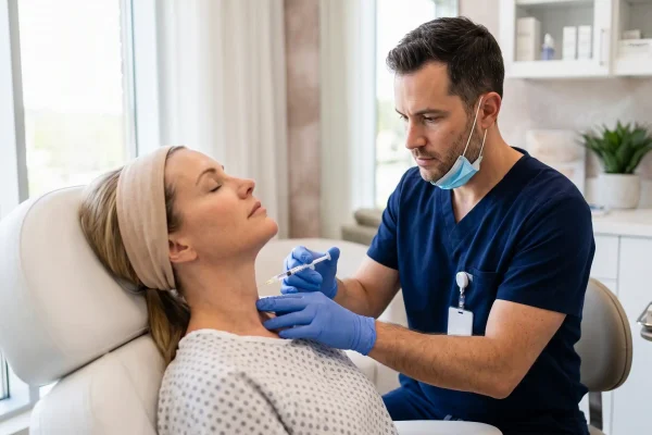 Provider giving muscle-relaxing injections to treat turkey neck bands without surgery