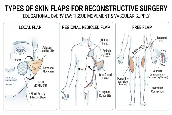 Infographic of local, regional, and free skin flap types in plastic surgery