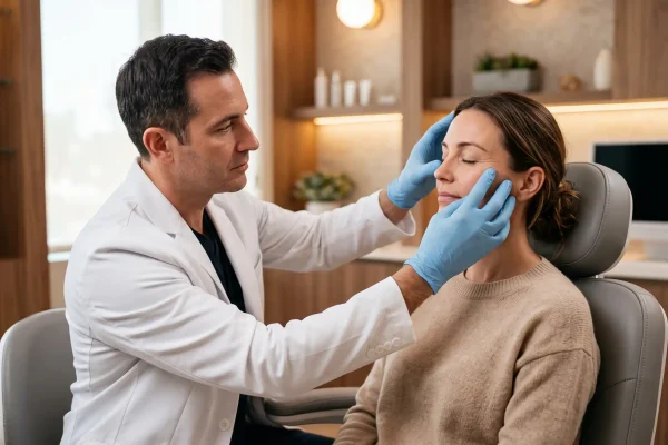 Physician assessing a patient's eye area to check Botox around the eyes candidacy