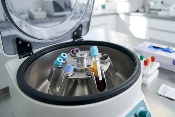 vial of blood spinning in a centrifuge to prepare PRP for hair loss