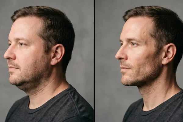 Before and after weight loss showing changes around jawline filler placement