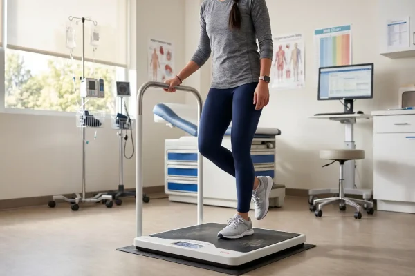 Patient checking stable weight before scheduling liposuction procedure