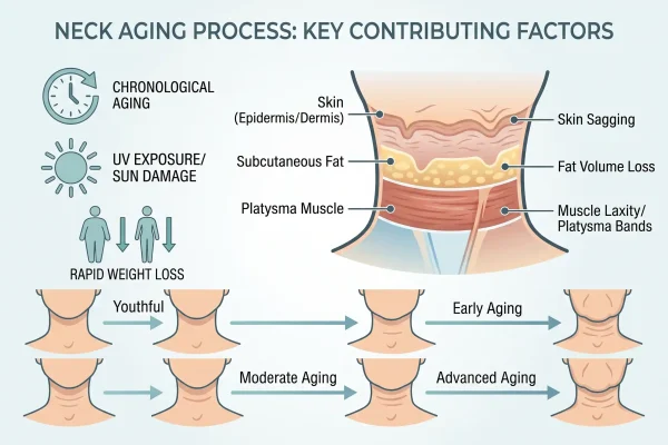 Infographic showing what causes turkey neck including aging and weight loss