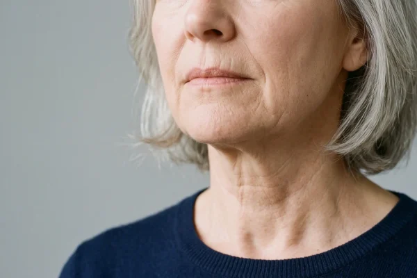 Close-up of loose neck skin and vertical bands that cause turkey neck