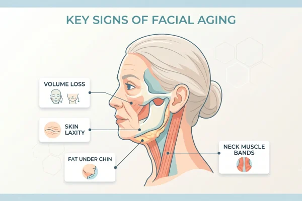 Diagram of why the jawline and neck lose definition with age
