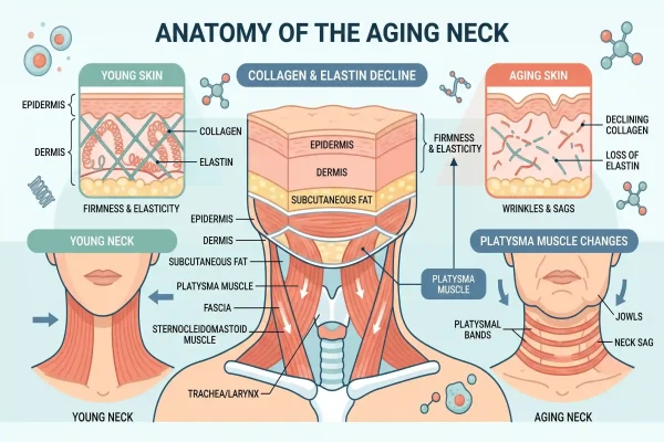 Infographic showing why the neck sags with collagen loss and muscle laxity