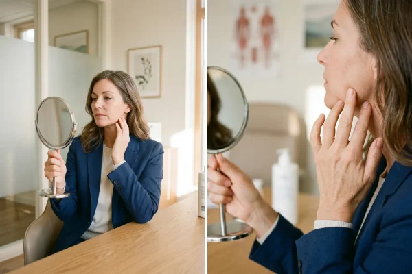 Woman assessing jawline jowling during filler consultation
