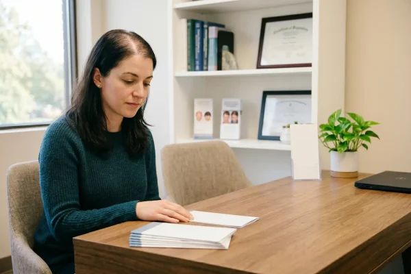 Woman consulting with clinician about PRP treatment for female hair thinning