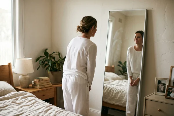 Woman reviewing her liposuction results in a mirror years after surgery
