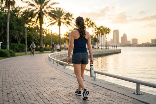 Woman walking outdoors to maintain stable weight after liposuction