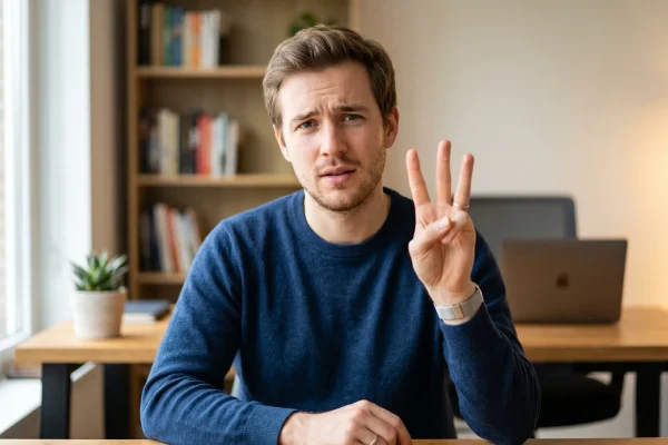 young man with a questioning expression raising three fingers