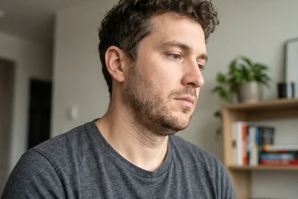 young man with curly hair, showing subtle sagging around his jawline and neck