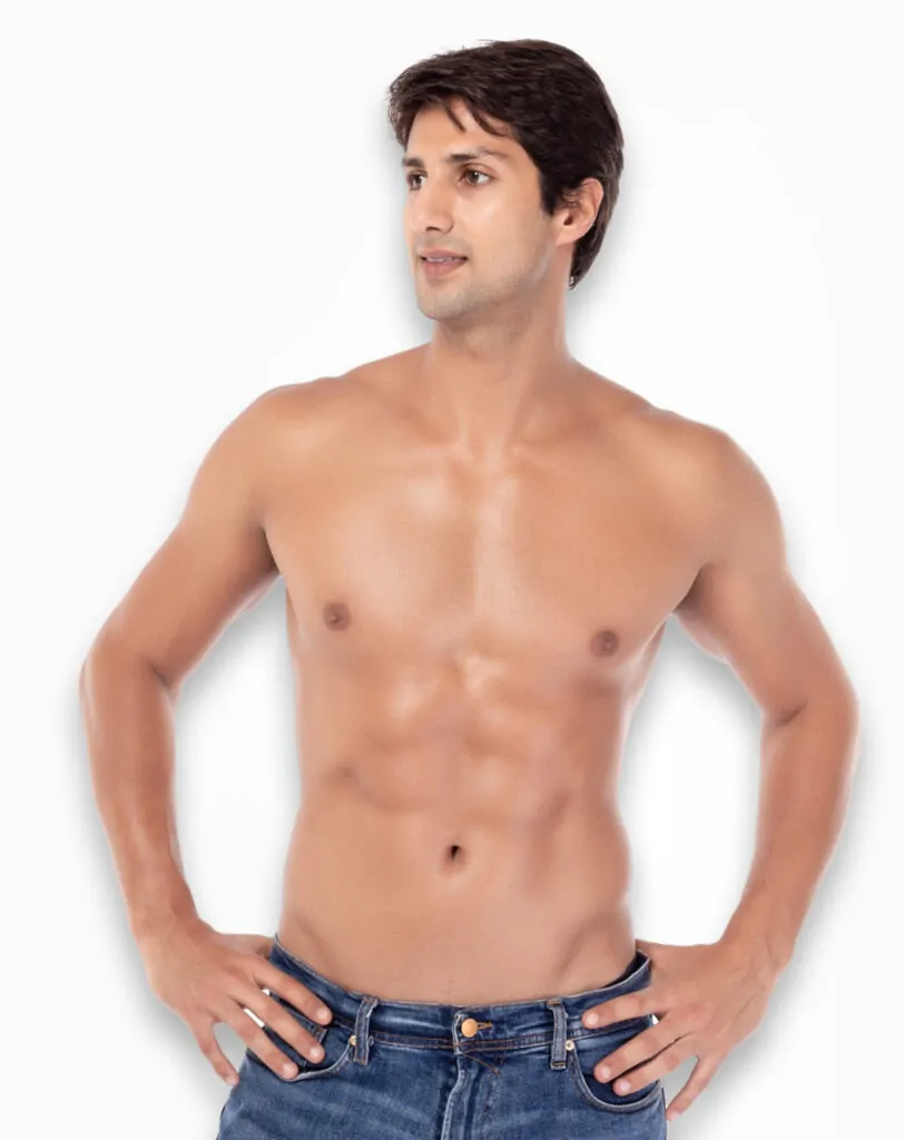 shirtless man with muscular chest, hands on hips