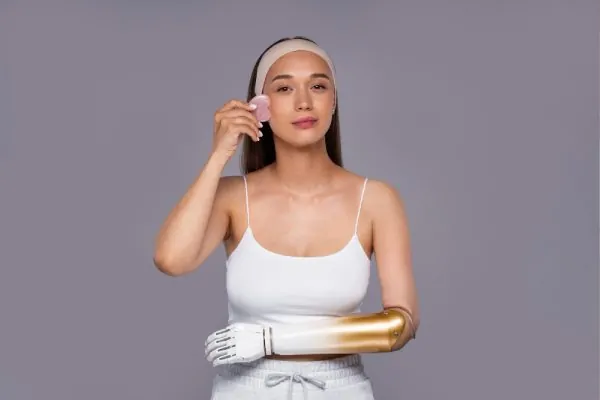 woman checking her face after plastic surgery recovery