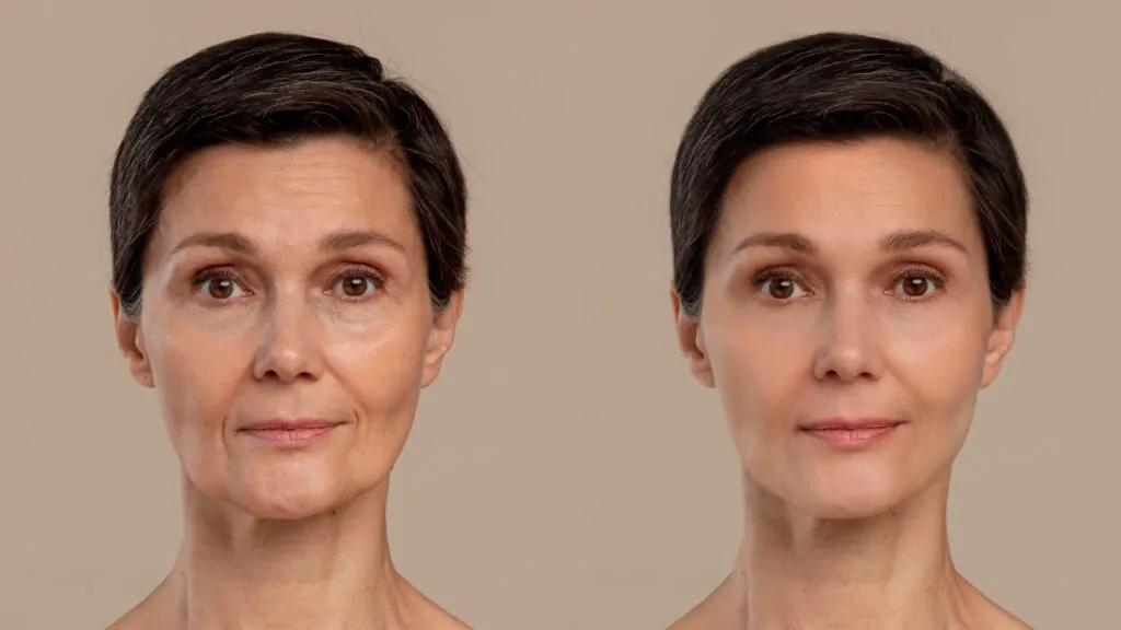 A woman with before and after PDO Thread Lift treatment