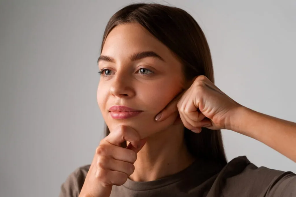 Woman checking her face ratio before having a FaceTite procedure