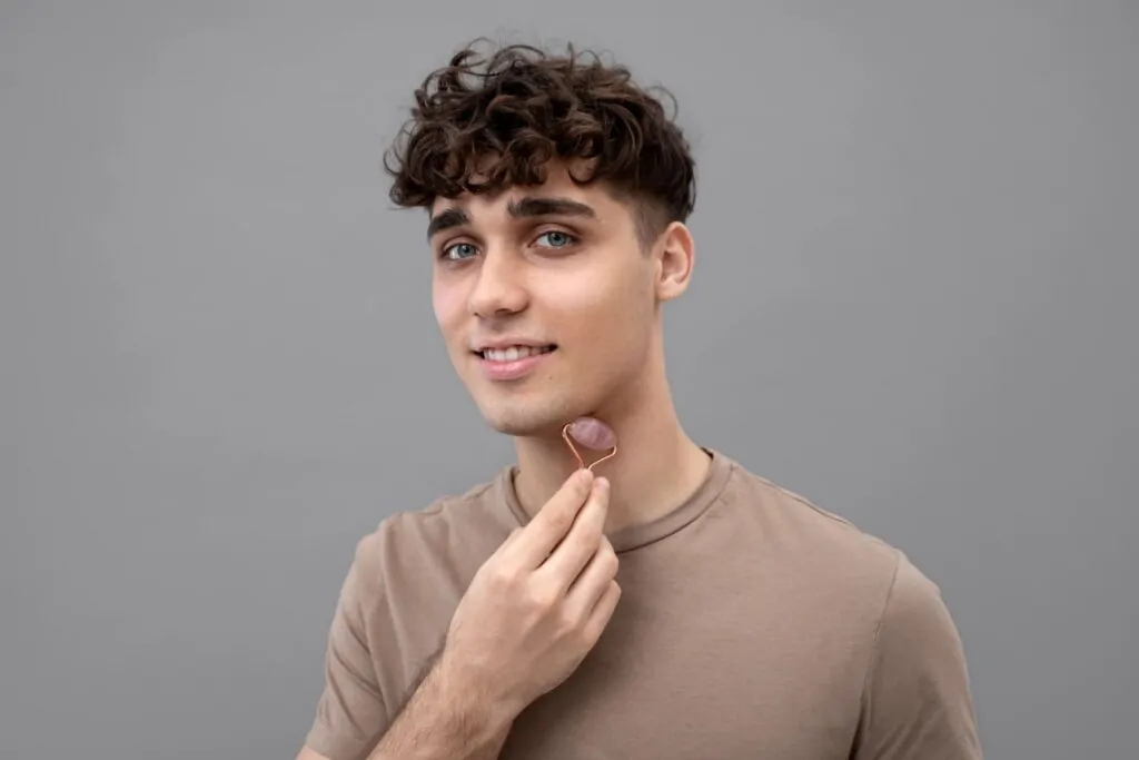 Man with facial roller showing jawline enhancement treatment area