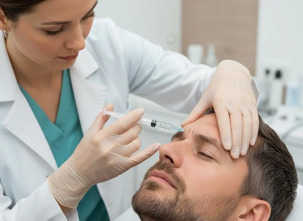 A medical professional in a white coat administering a Botox injection into the forehead area of a male patient in a clinical setting.
