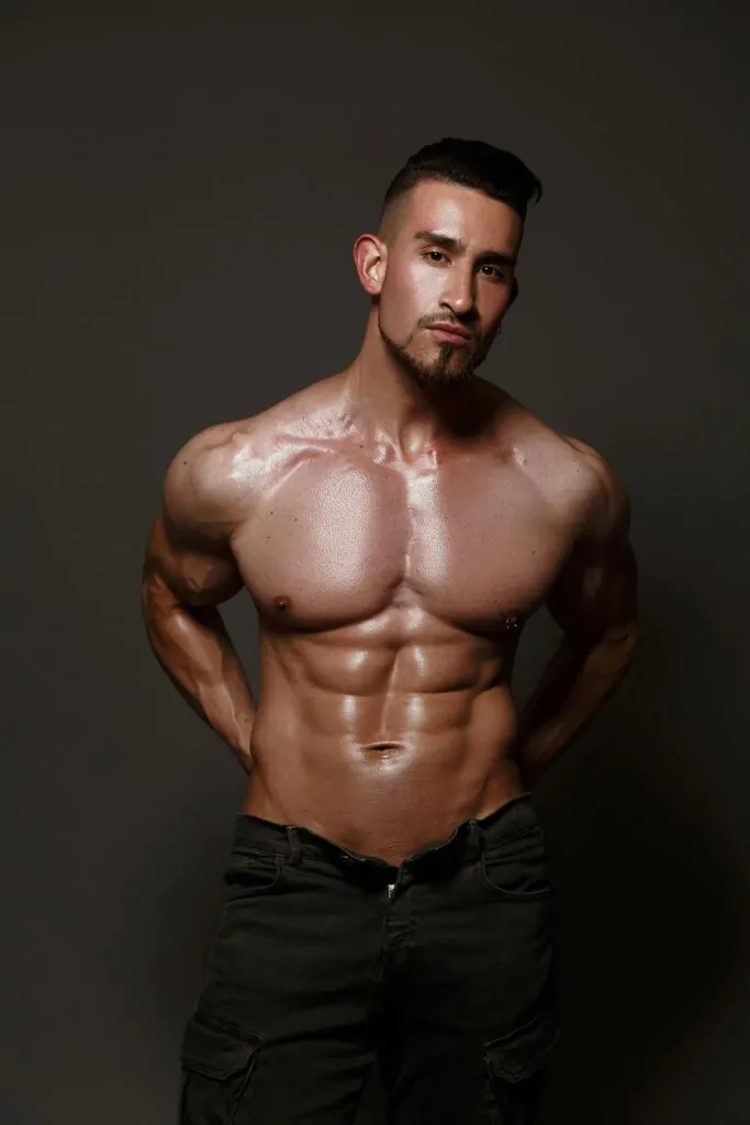 Portrait shot of a sweaty topless man before getting Botox treatment
