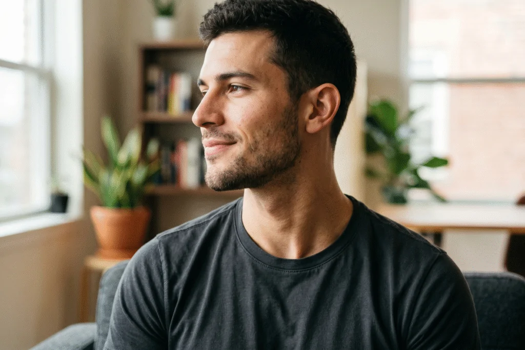 A young man with a defined neck and jawline
