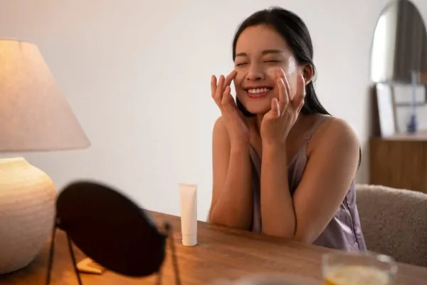Medium shot woman practicing selfcare during PDO thread lift recovery