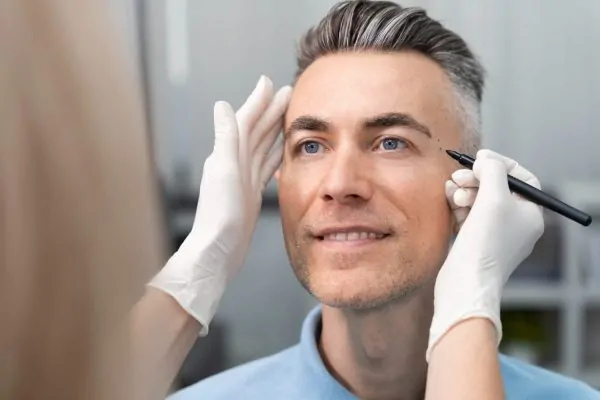 Plastic surgeon inspecting a jawline contouring patient
