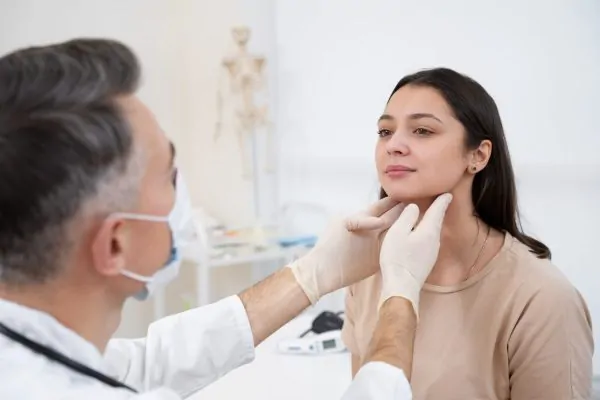 Plastic surgeon inspecting if patient's jawline filler migrated