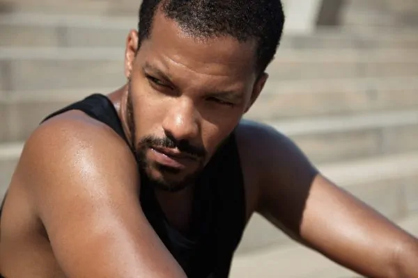 Close-up shot of a man under summer heat before undergoing Botox treatment