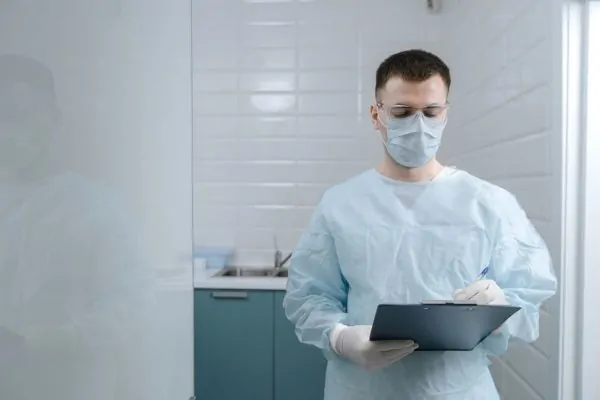 A plastic surgeon getting prepared for a liposuction procedure