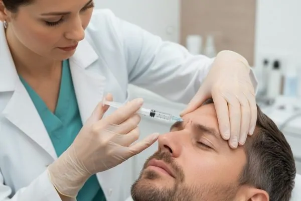 A medical professional in a white coat administering a Botox injection into the forehead area of a male patient in a clinical setting.