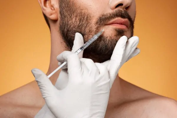 A medical professional in gloved hands administering a Botox injection around a man's mouth area to reduce fine lines and wrinkles