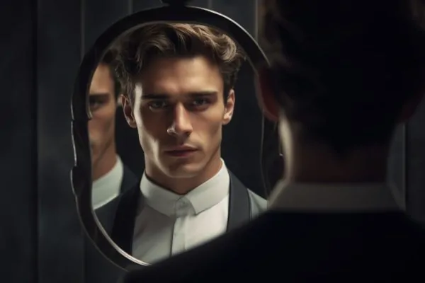 A well-dressed young man gazing at his reflection in a mirror with a confident expression, representing the boost in self-confidence gained after Botox treatment.
