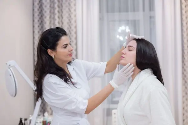 Aesthetic practitioner examining patient's face and jawline in clinical setting for thread lift assessment