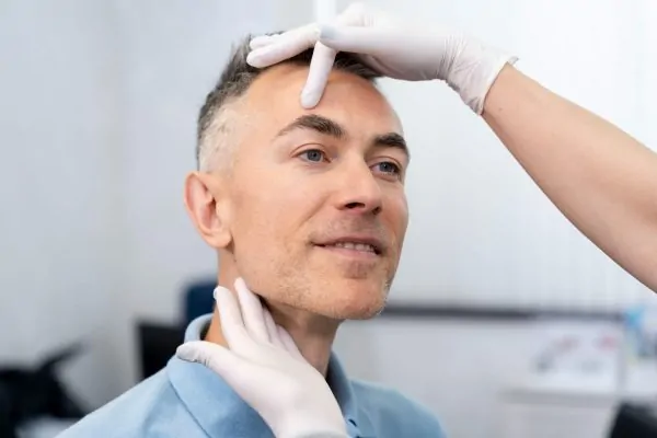Doctor examining patient's jawline and facial structure to assess jowl formation and skin laxity