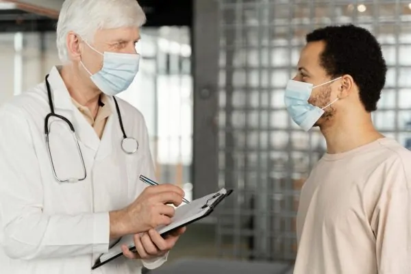 Doctor reviewing medical history with a patient to prepare for a liposuction procedure